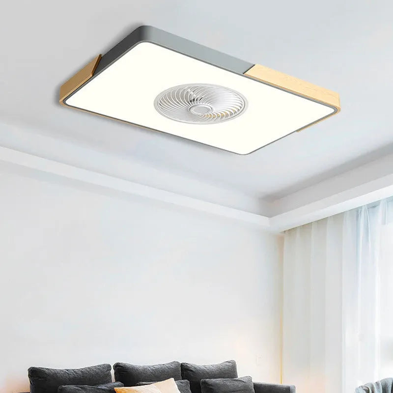 Nordic style wooden ceiling fan with integrated light fixture and PVC lampshade.