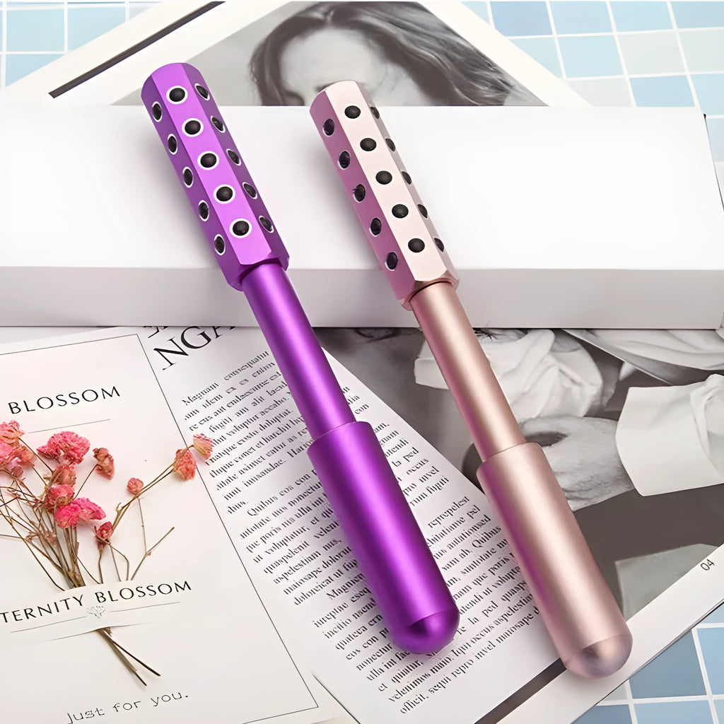 Purple germanium particles facial massage roller instrument on white background, showing 193mm length and roller detail.