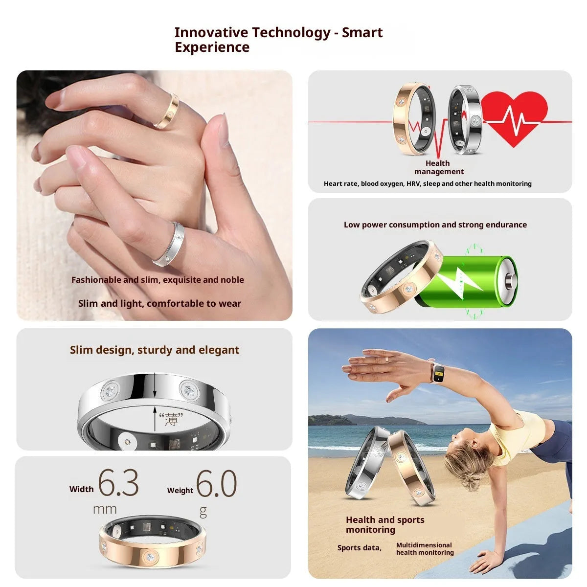 Silver intelligent smart ring with line charger, finger worn for blood oxygen and heart rate exercise monitoring