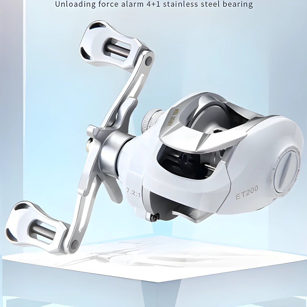 ET micro drop wheel baitcasting fishing reel on a solid background.