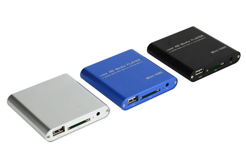 Compact black 1080p Full HD media player with HDMI port and remote control