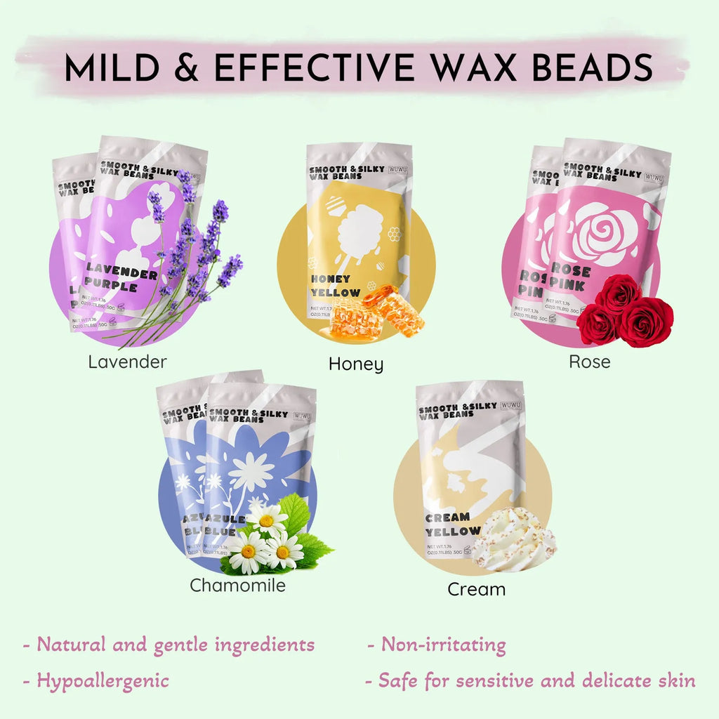 Waxing kit with warmer, wax beads, multiple applicator sticks and skincare products for hair removal