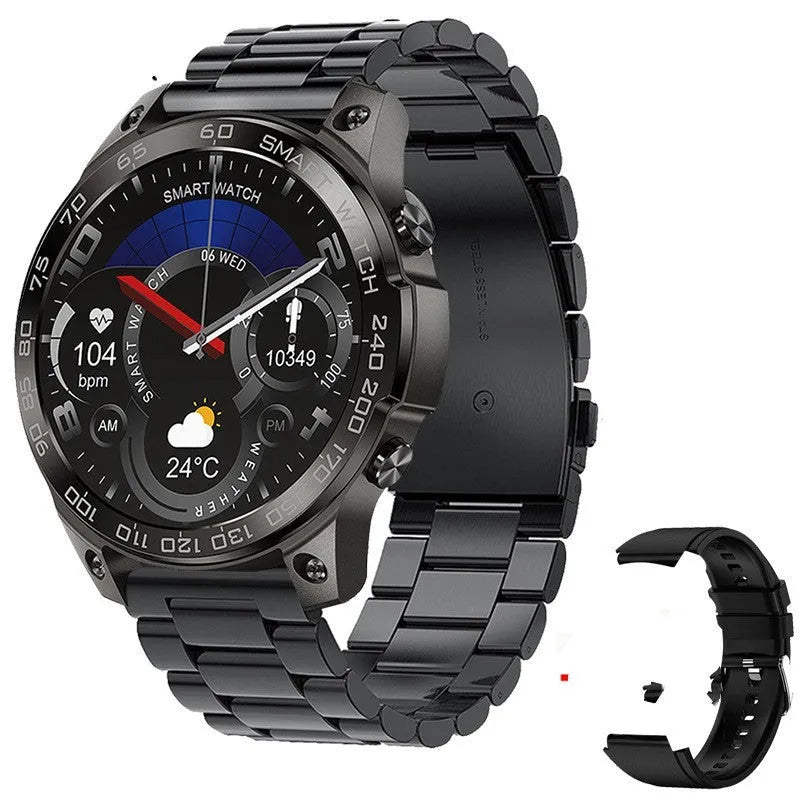 Bluetooth sports watch with round AMOLED screen and silicone strap in black colour