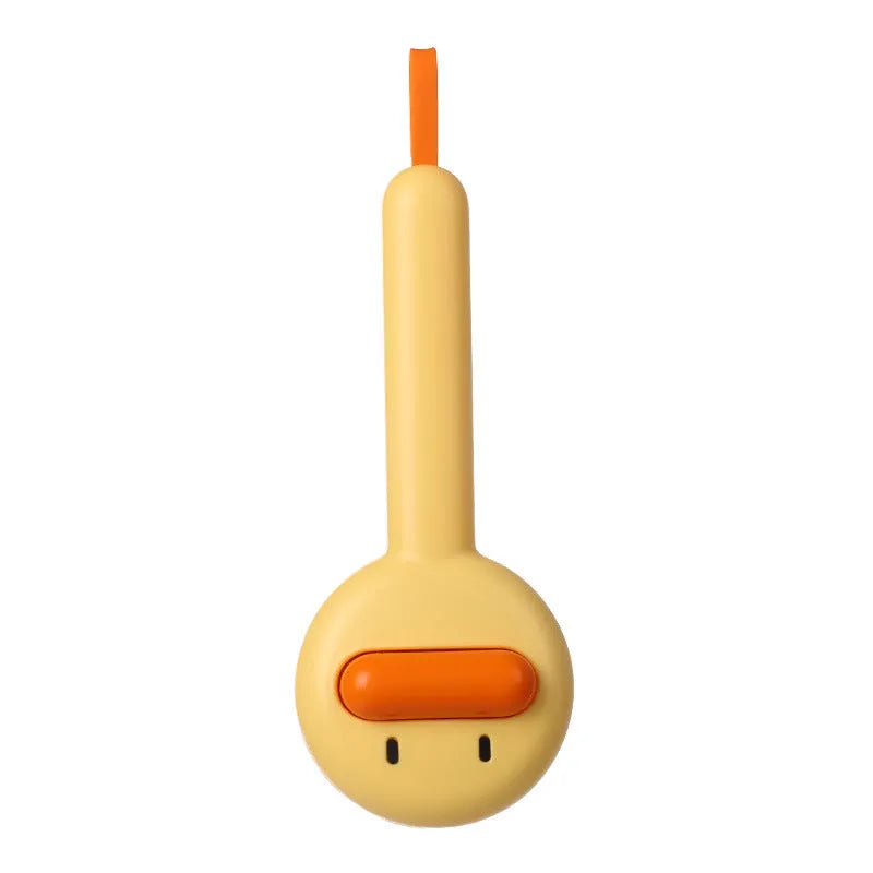 Small yellow duck-shaped pet comb with open and needle teeth for grooming cats and dogs.