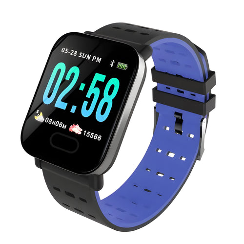 Blue A6 colour screen smart bracelet with zinc alloy case on a silicone strap, showing the 1.3-inch display.