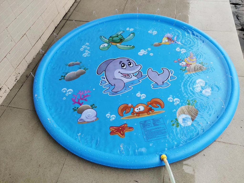 Blue PVC water spray play mat with marine animal graphics for outdoor children's water play