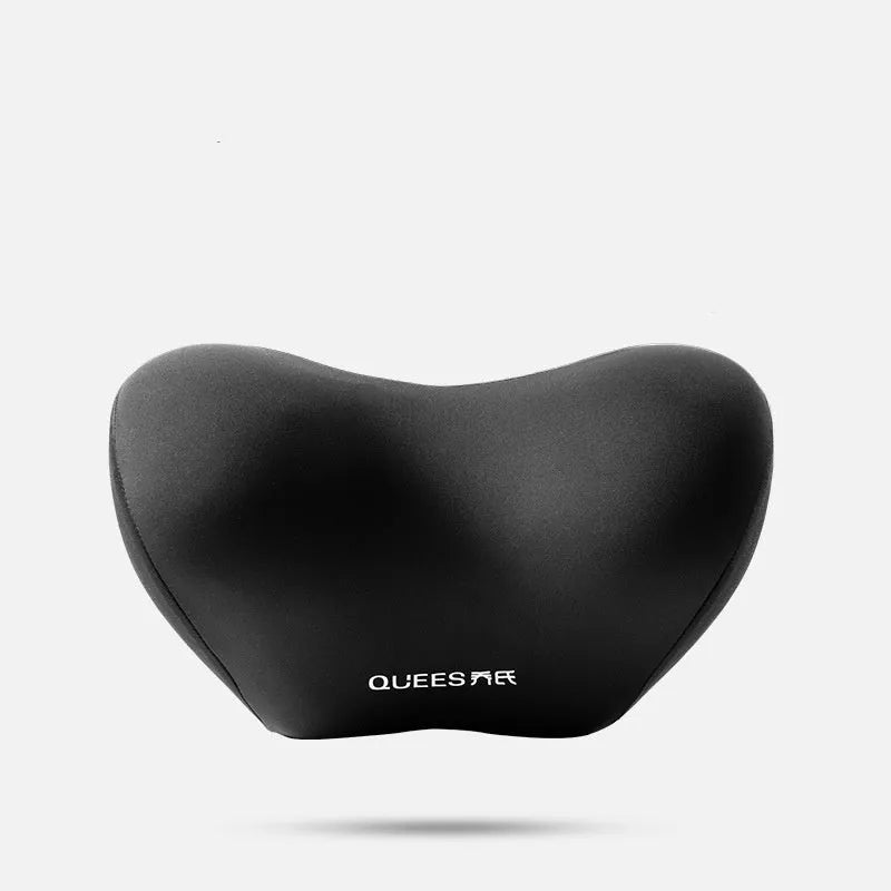 Black and grey memory foam car seat lumbar support pillow and matching headrest cushion on a car seat