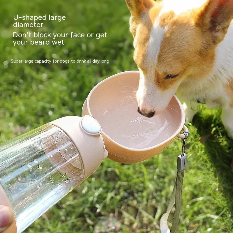 Portable plastic dog water bottle with an attached drinking bowl in yellow, pink, or brown.