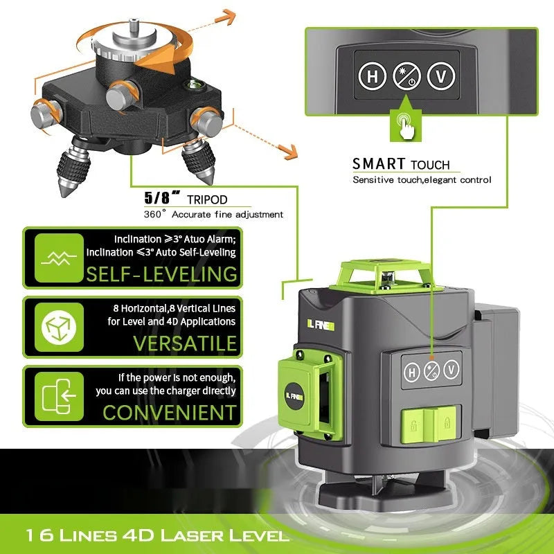 Green laser level with 16-line projection showing on a wall, with nylon and aluminium body.