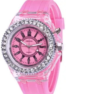 Women's LED luminous quartz watch with round 43mm alloy case and silicone strap in multiple colour options