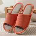 Women's open-toe linen slippers in light brown colour showing breathable design and thickening sole.