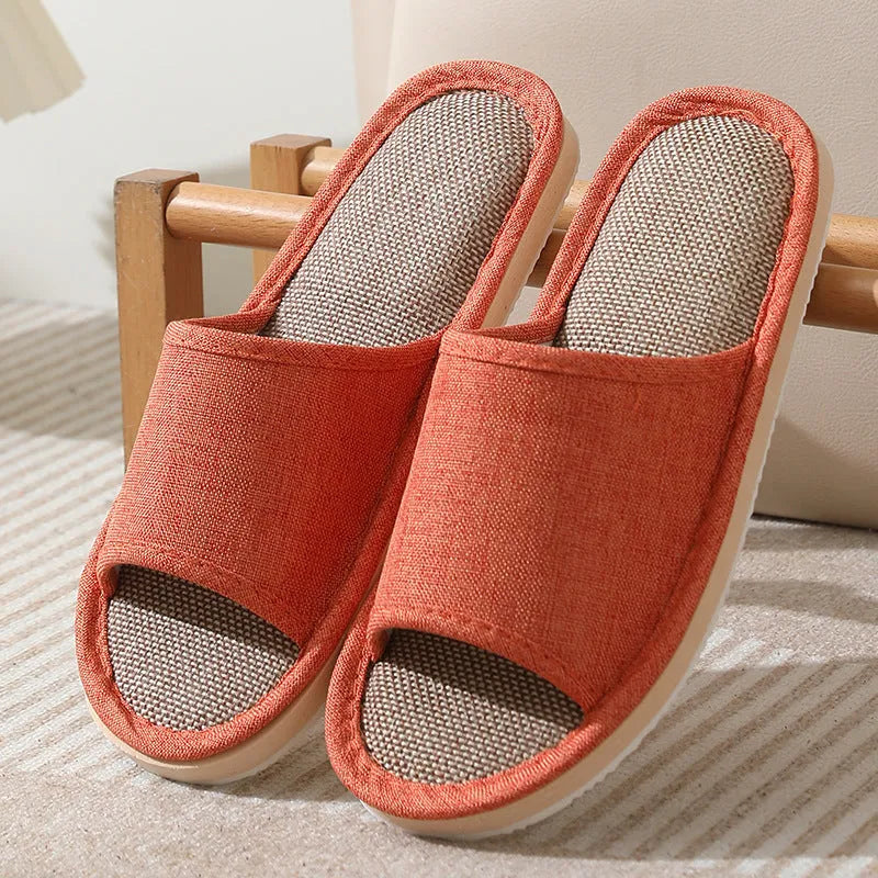 Women's open-toe linen slippers in light brown colour showing breathable design and thickening sole.