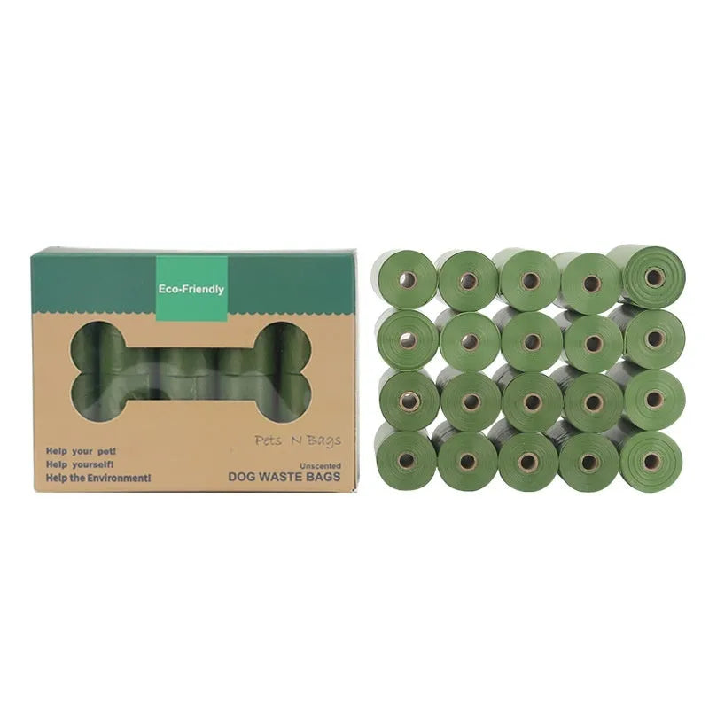EPI degradable pet waste bags in green, black, blue, purple and orange colours with dispenser