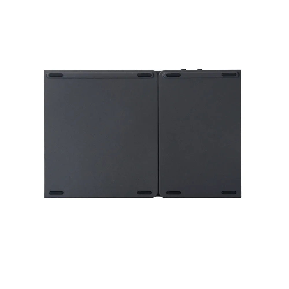 Black tri-fold folding Bluetooth keyboard with touchpad shown open and closed, next to a mobile phone.