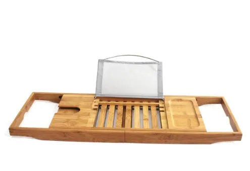 Natural bamboo bathtub storage frame with single-tier shelf for bathroom organisation