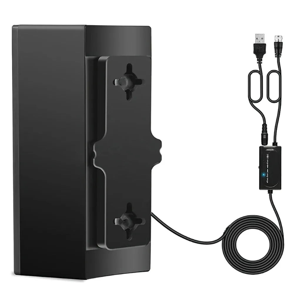 Black plastic digital television antenna with mounting hardware including screws and expansion tubes
