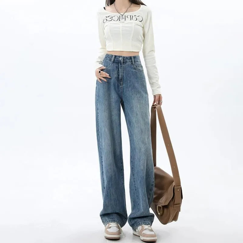 Women's retro blue high waist wide leg jeans with straight leg design and spandex denim fabric