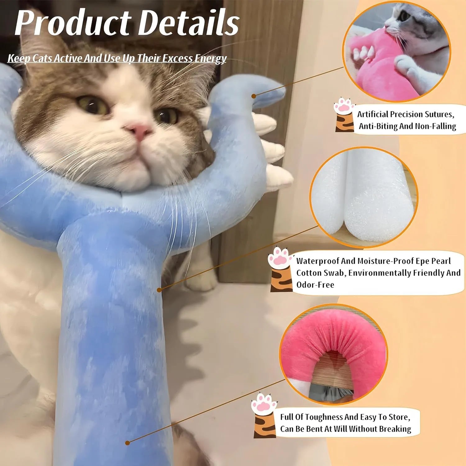 Blue and pink plush cat wand toys showing 70cm length with plush wrapping