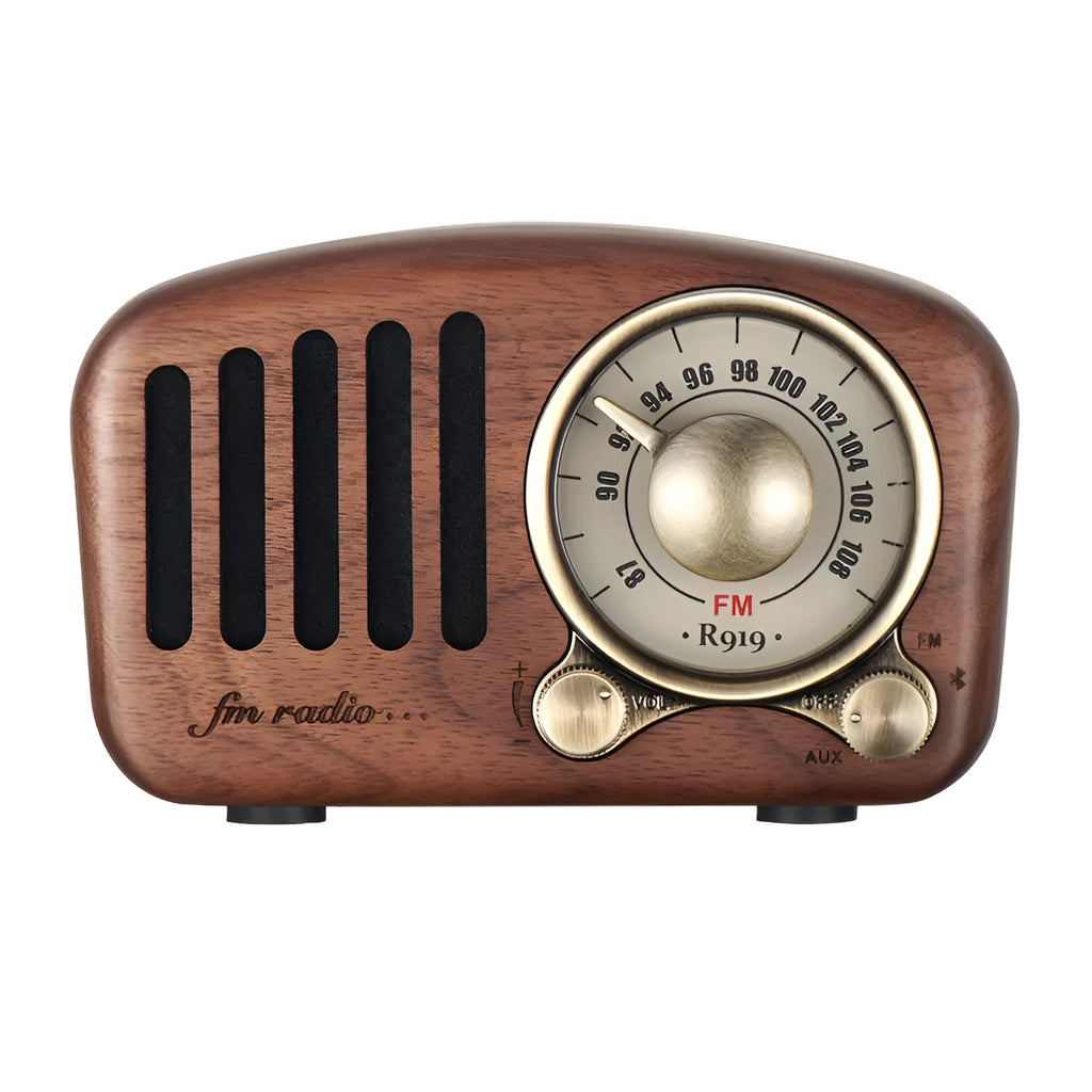 Retro wooden wireless mini Bluetooth speaker in cherry or walnut finish with compact dimensions