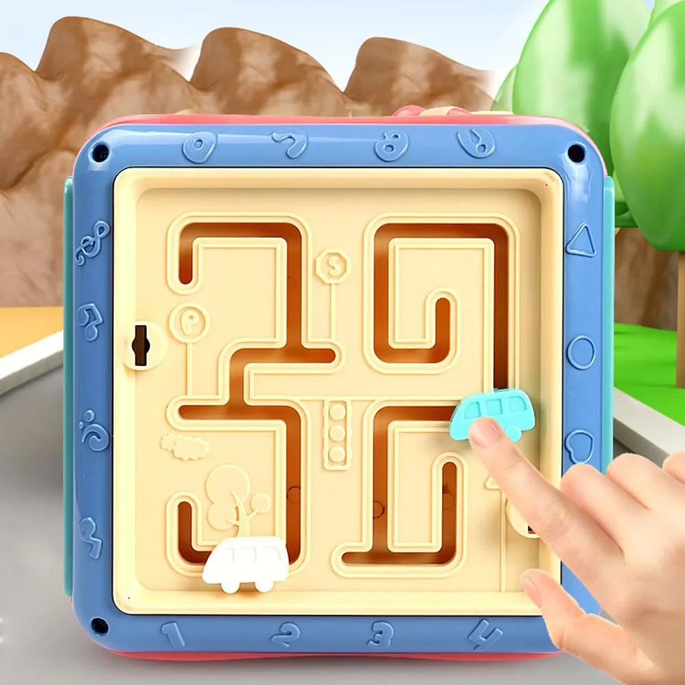 Six-sided baby educational toy with bead maze, gears, clock, and shape recognition activities