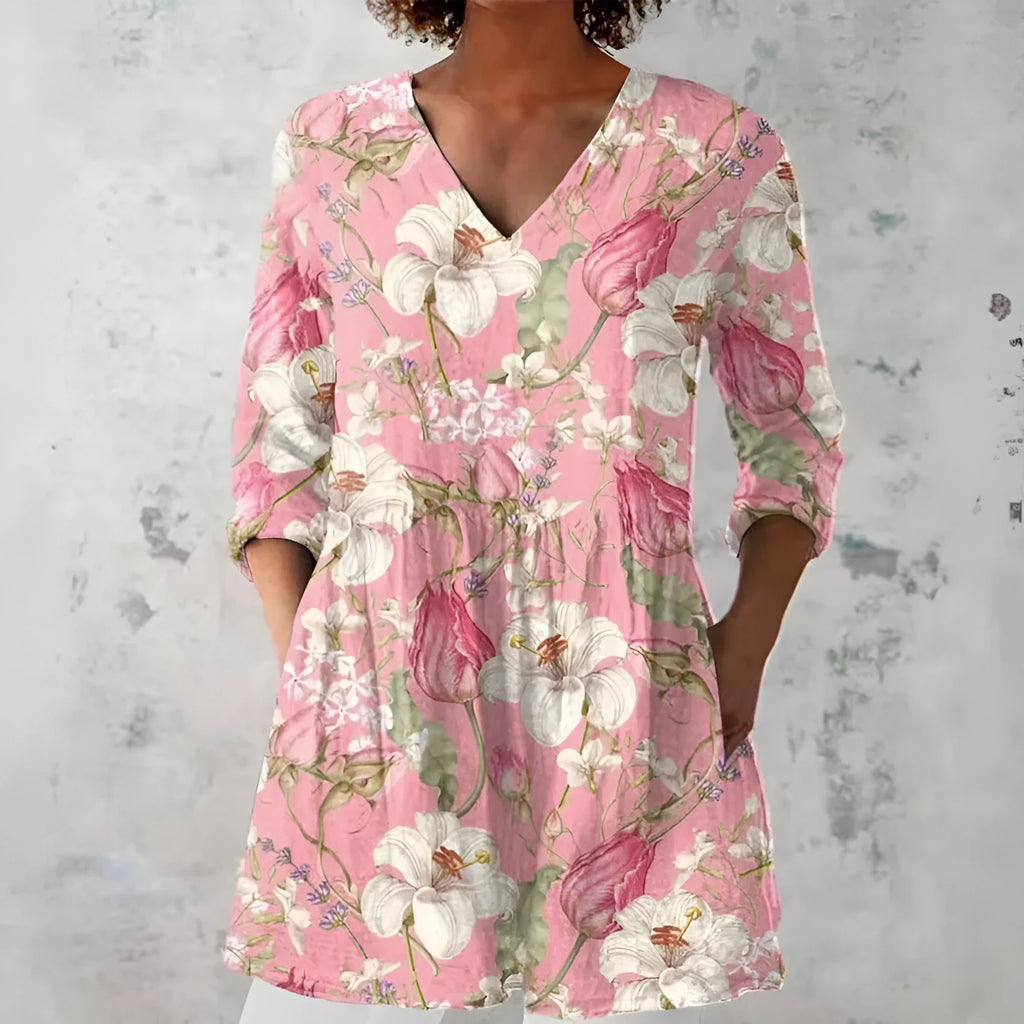 Women's slim fit retro style printed long-sleeved polyester top in multiple colour options