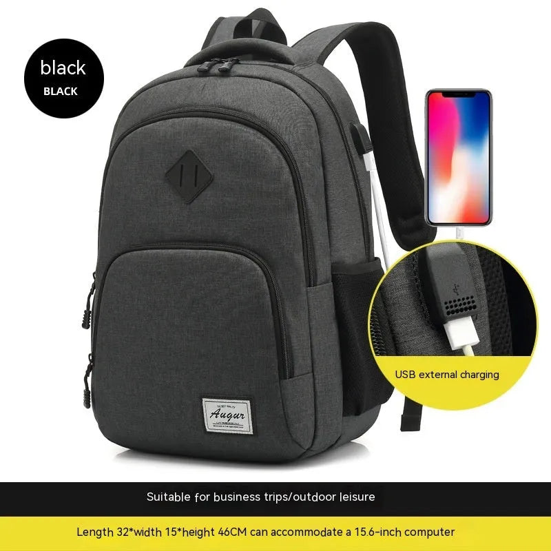Grey nylon backpack with USB charging port showing dimensions and trolley attachment feature