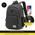 Grey nylon backpack with USB charging port showing dimensions and trolley attachment feature