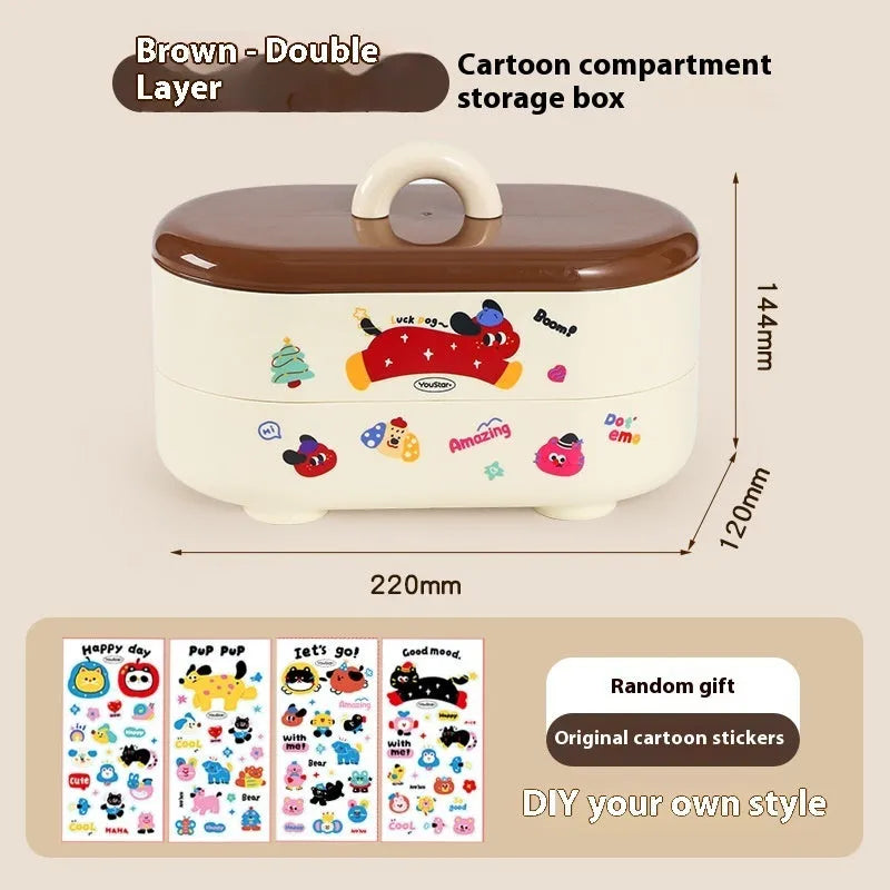 Red and brown cartoon-style plastic desktop storage organiser with grid compartments.