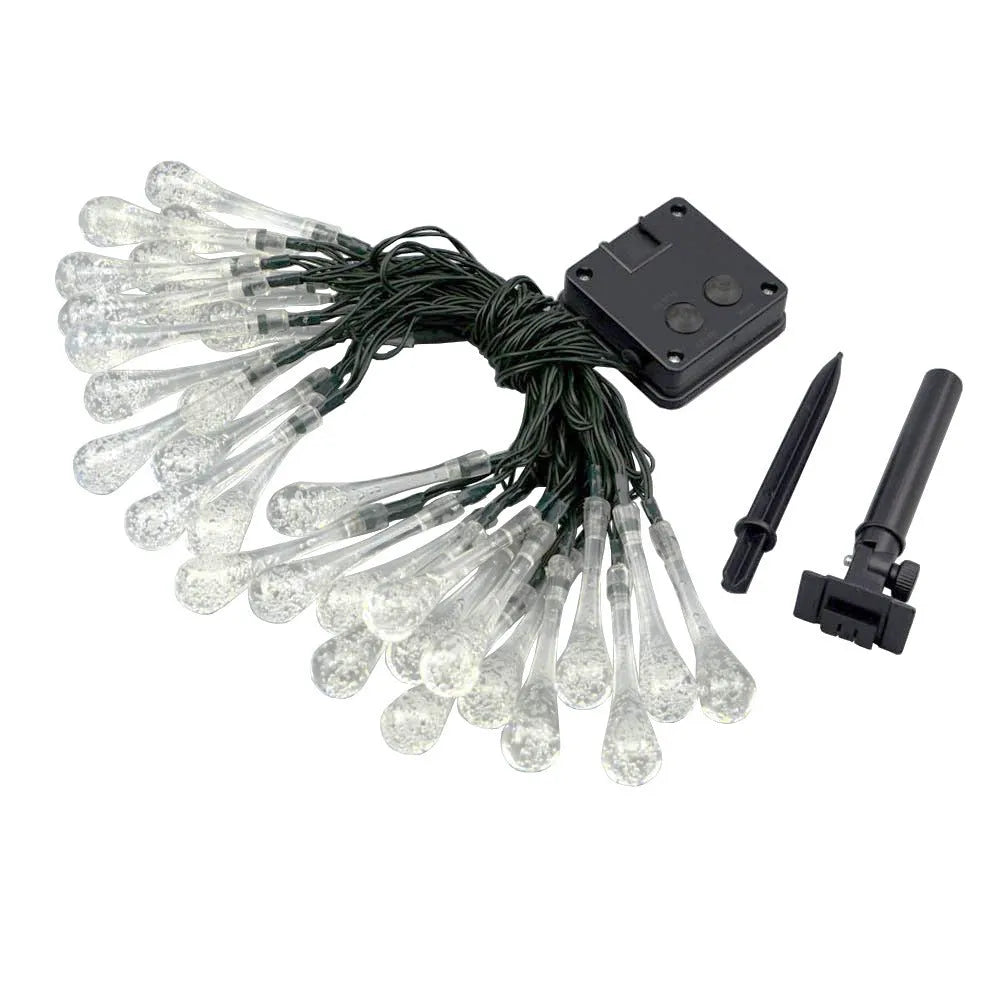 Solar-powered outdoor LED string lights with water drop pendants on 6.5 metre cable
