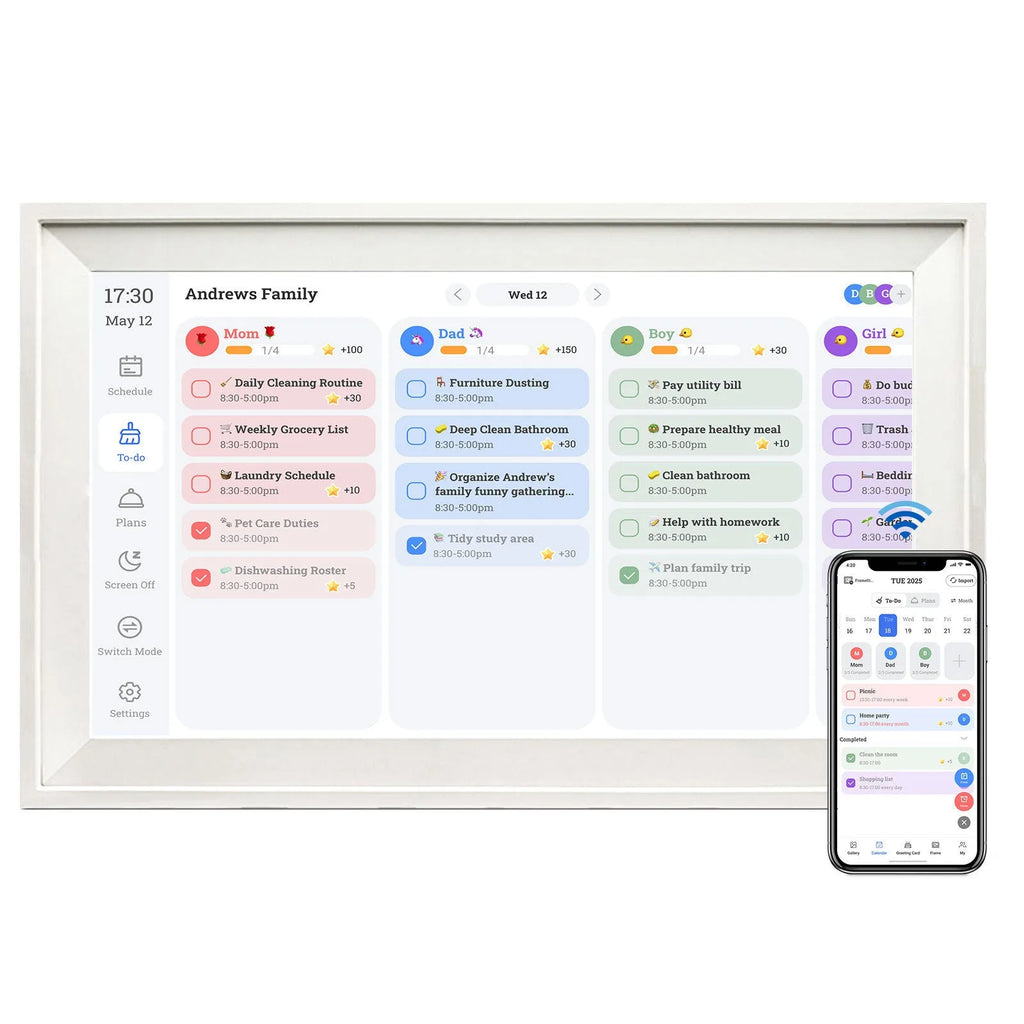 White 15.6-inch digital photo frame displaying family photos with smartphone app control interface