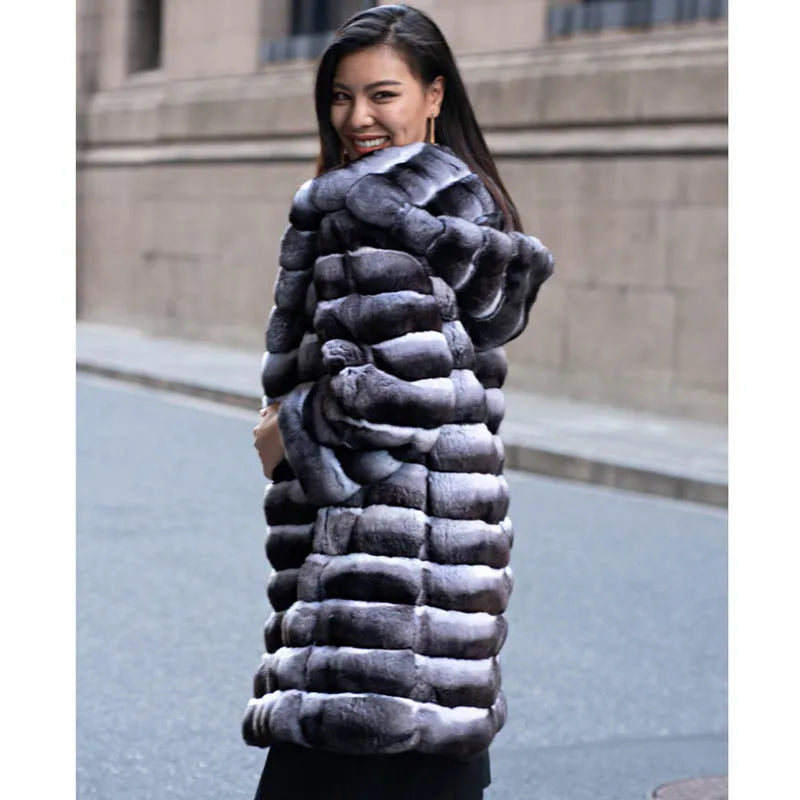Zebra stripe faux fur overcoat for women, mid-length 65cm, regular sleeves, artificial mink fabric, size S-9XL