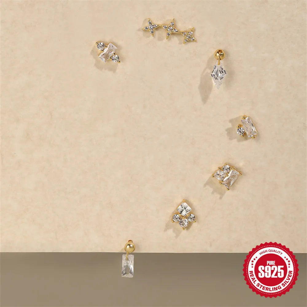S925 sterling silver flower-shaped stud earrings with square gravel texture in gold electroplated colours