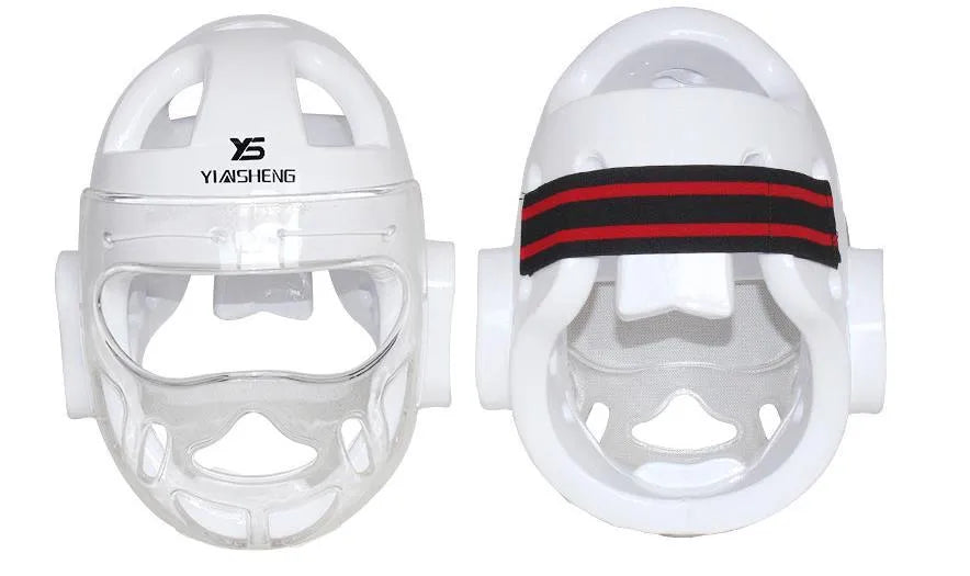 A karate helmet for boxing head protection, shown in white, blue, and red colour options.