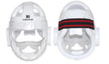 A karate helmet for boxing head protection, shown in white, blue, and red colour options.