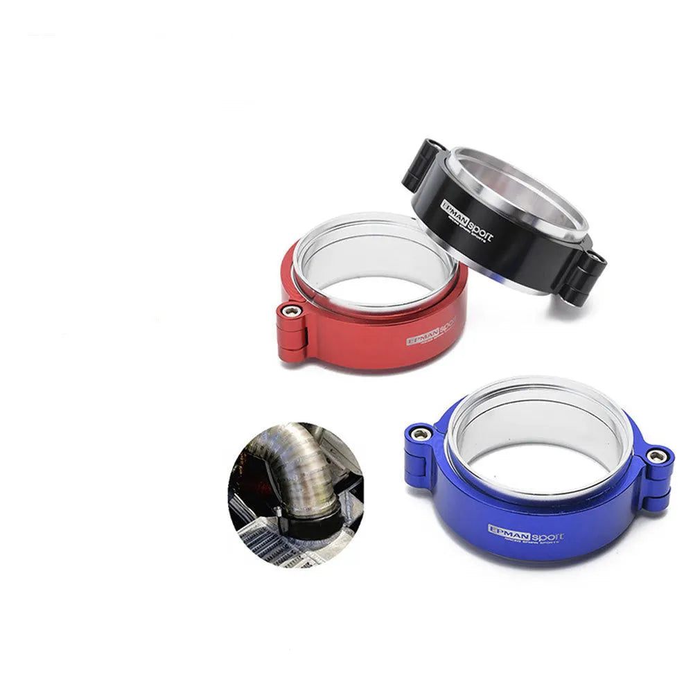 Aluminium fixed movement clamp for turbo exhaust downspouts in black, shown next to a 2.5inch and 3inch size comparison.