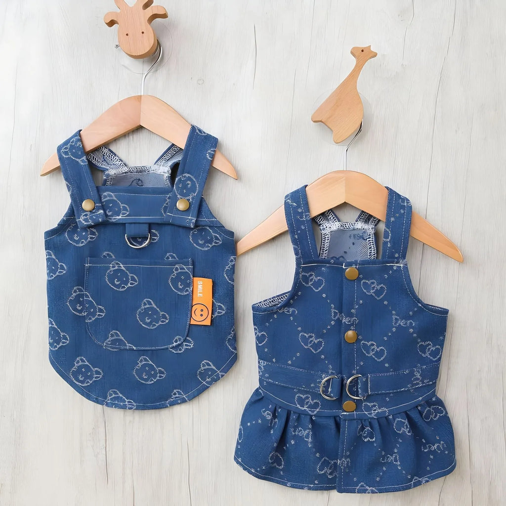 Teddy Bichon small dog wearing denim princess dress with bracket skirt style in HNXD colour
