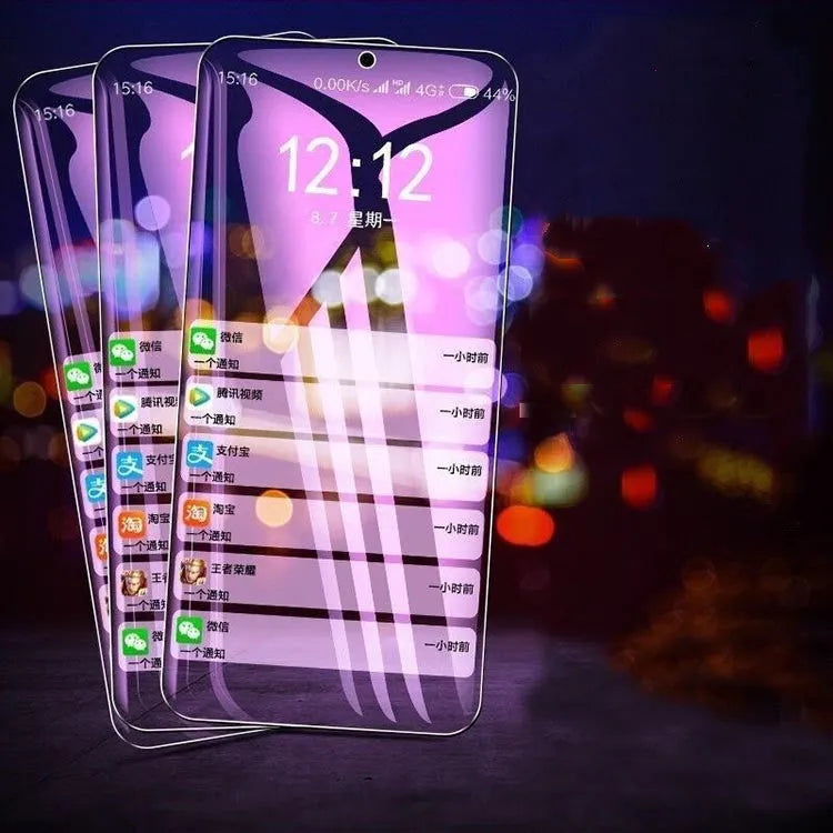 Tempered glass screen protector in violet light finish for Vivo smartphone, full-screen front film with anti-scratch and explosion-proof properties