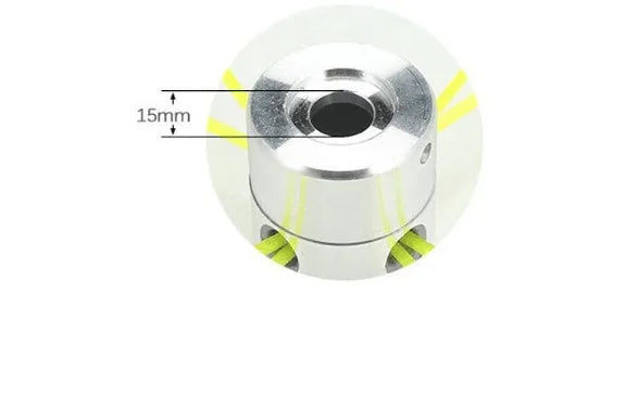 Silver aluminium grass trimmer head with light yellow square lines and wrench for lawn mower