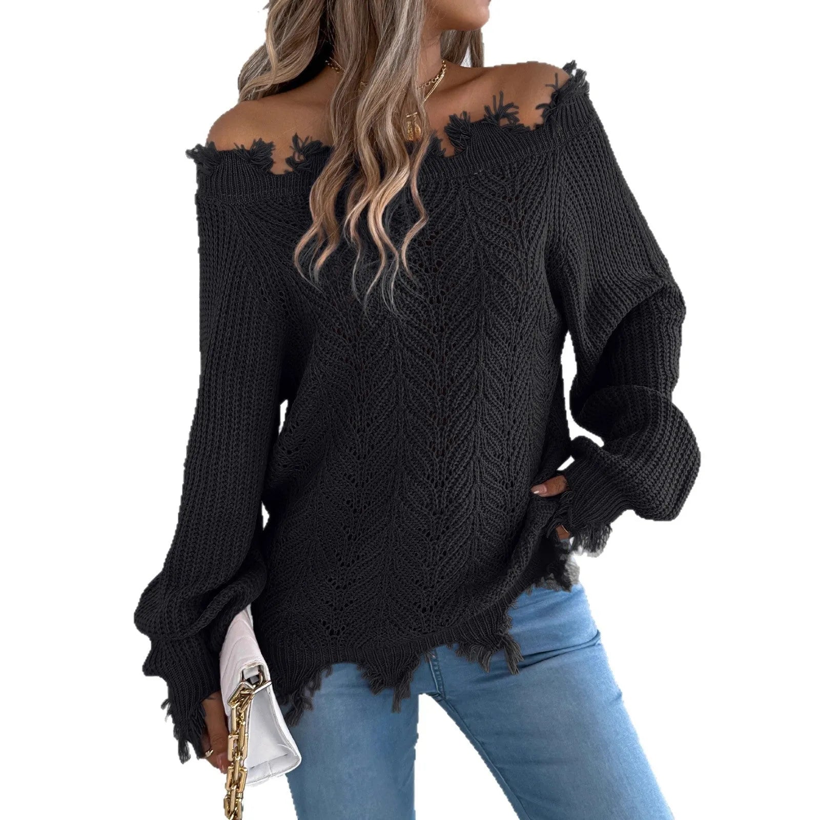 White hollow-out cut off-the-shoulder pullover sweater with long sleeves on a hanger.