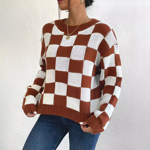 Dark brown plaid pattern acrylic loose fit sweater with long sleeves and round neck