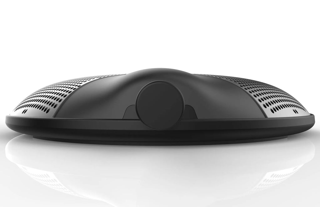 Black USB condenser microphone for conference and recording with 9x9x1.7cm desktop dimensions