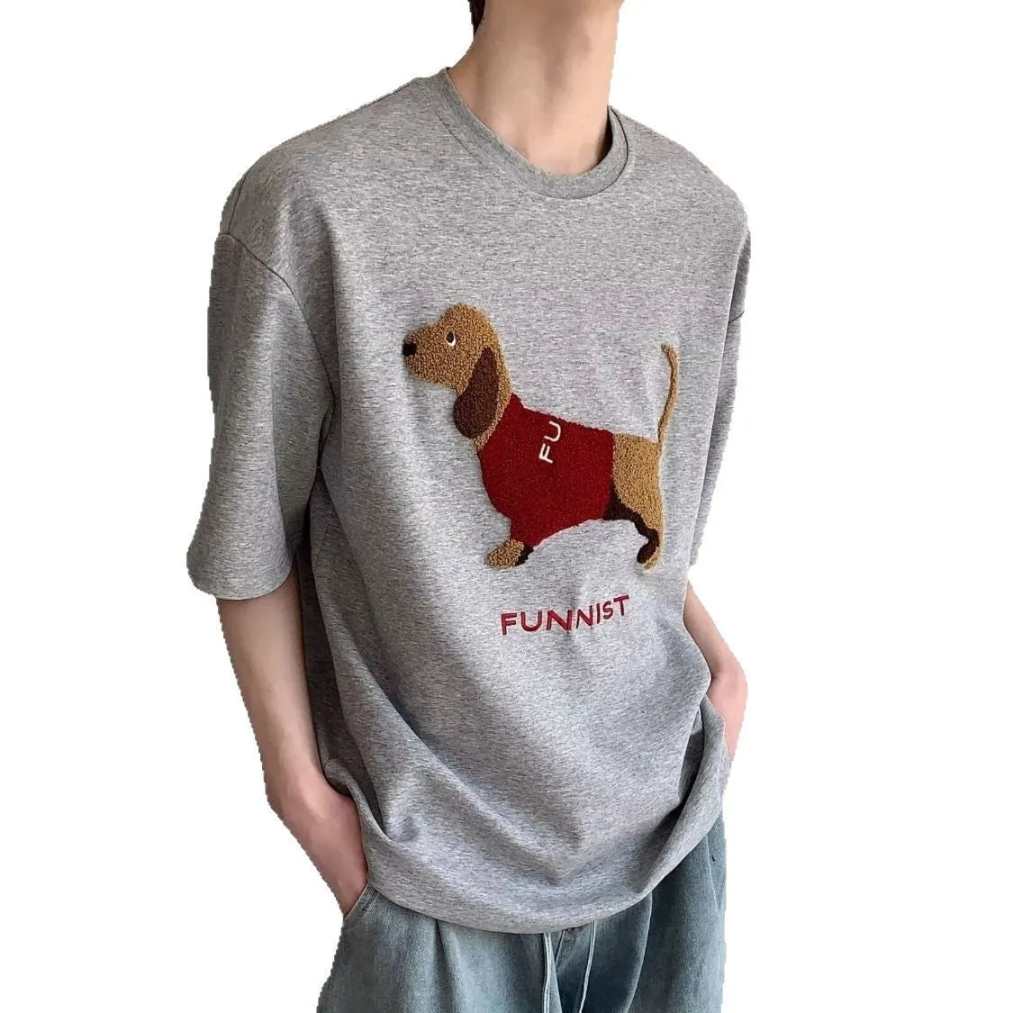 Men's grey cotton t-shirt with embroidered sausage dog towel design on front