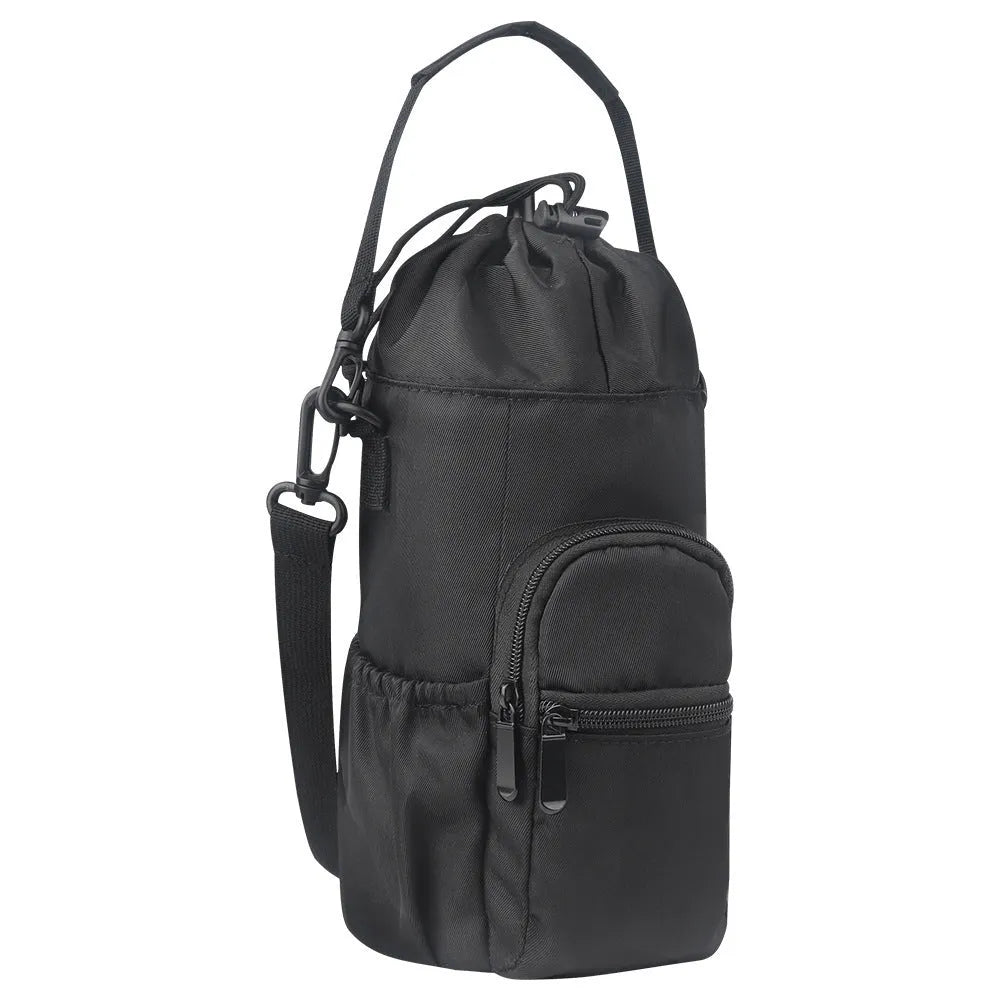Cloth water bottle shoulder bag with adjustable crossbody strap in black, green, or pink