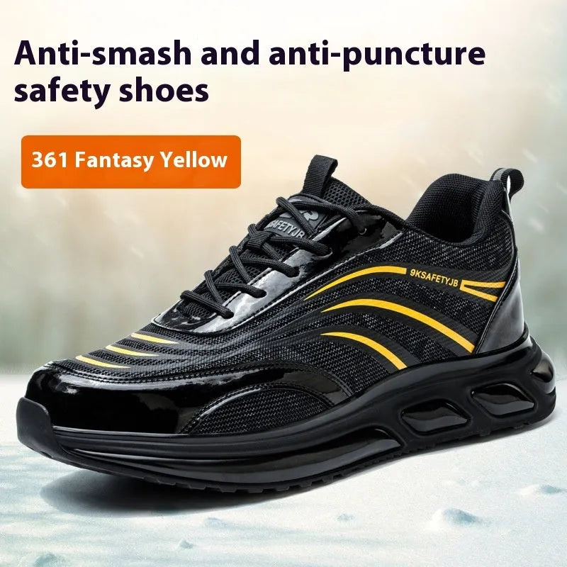 Orange lightweight leather safety work shoes with rubber sole for anti-smash and puncture protection