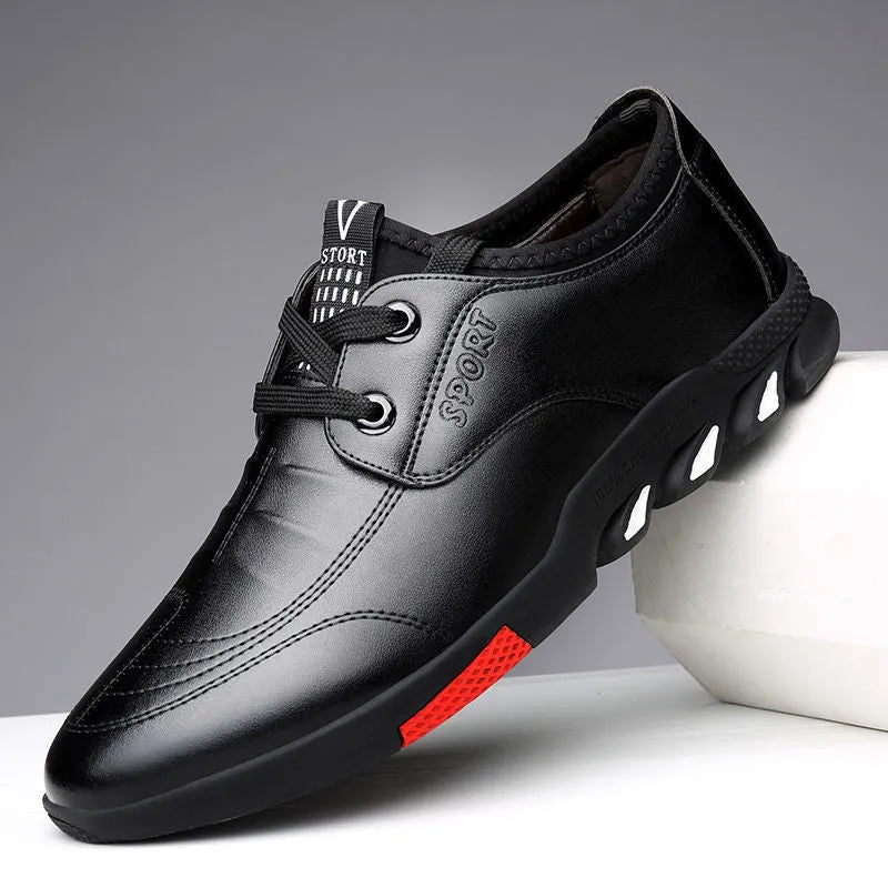 Men's black and brown PU leather business casual shoes with flat heel and lace-up or slip-on styles