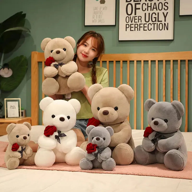 Soft plush rose bear teddy doll in beige, brown, or grey, shown in multiple size options.