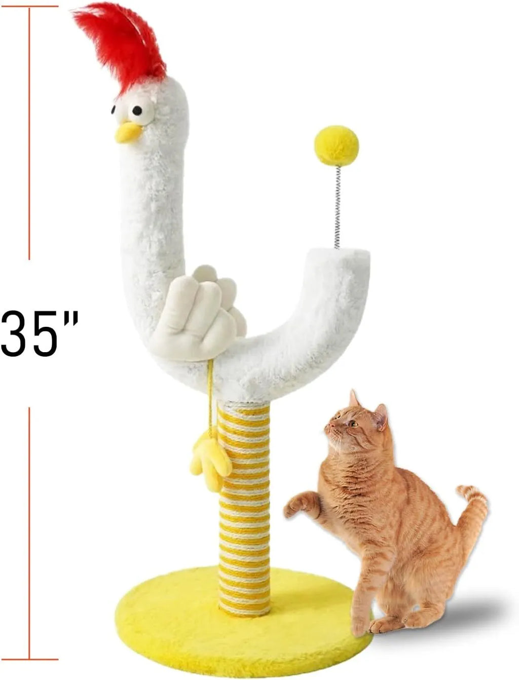 Yellow sisal rope cat scratching post with spring ball and chicken strip design