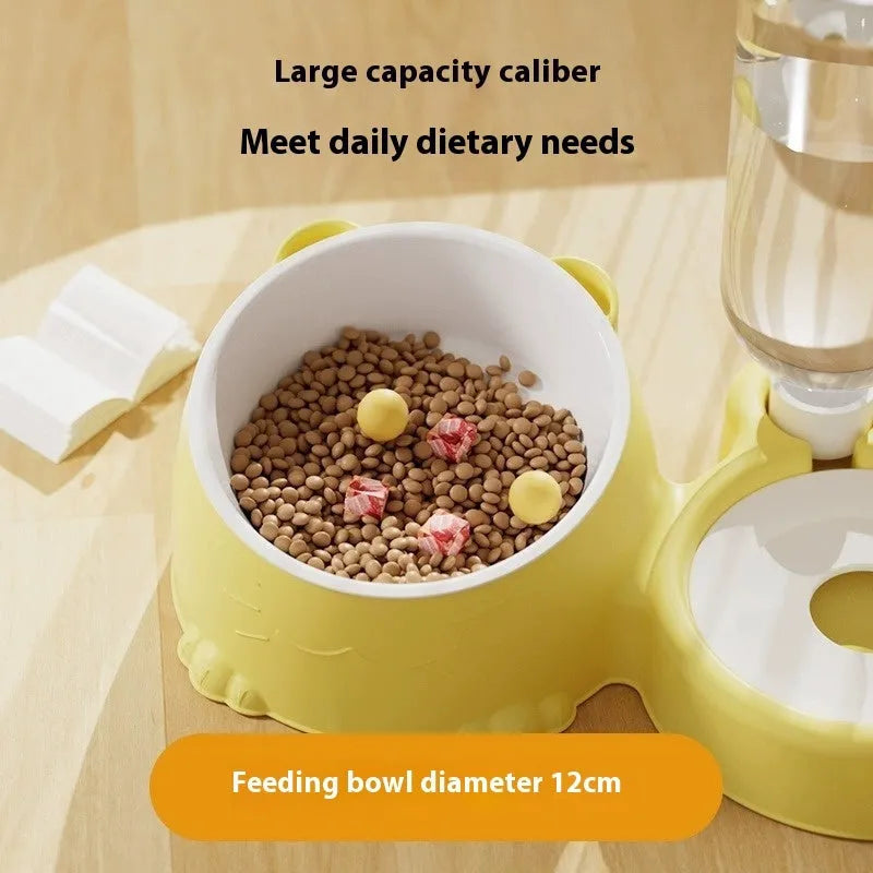 Automatic pet water fountain with two raised stainless steel and ceramic bowls on a plastic base in haze blue