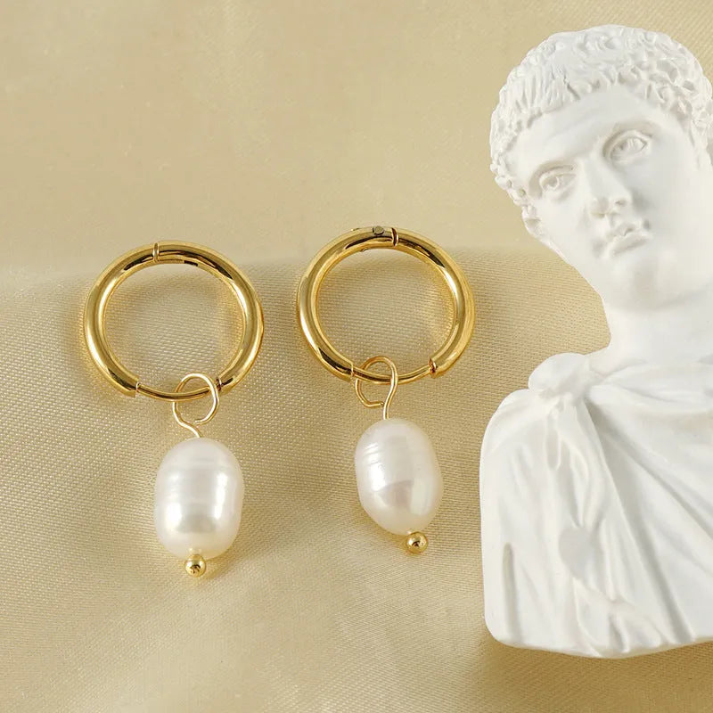 Gold geometric earrings with pearl accents and titanium steel posts for women