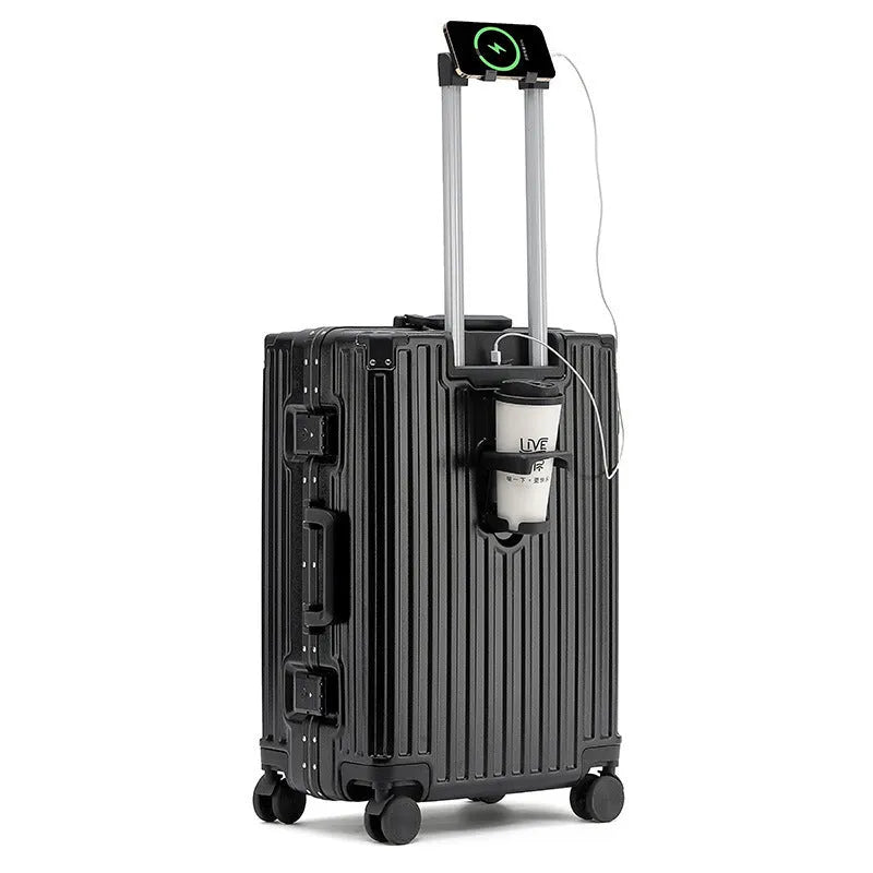Aluminium frame trolley suitcase with USB port and universal wheels in avocado green colour.